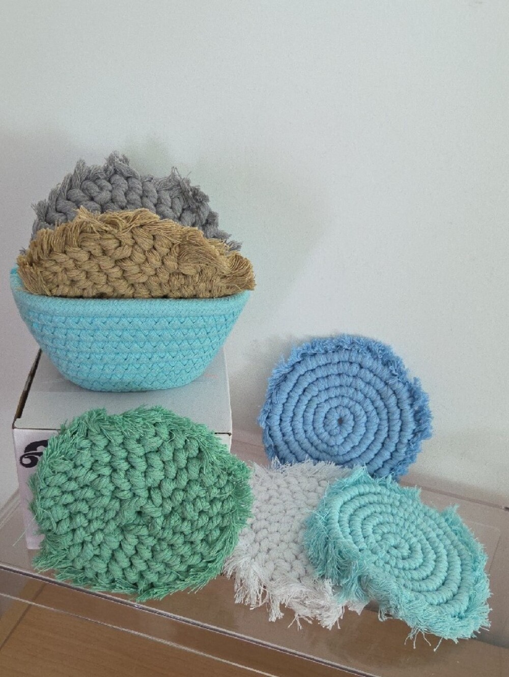 Braided Aqua Storage Basket with Assorted Fringe Coasters...set Of 6 - Picture 3 of 5